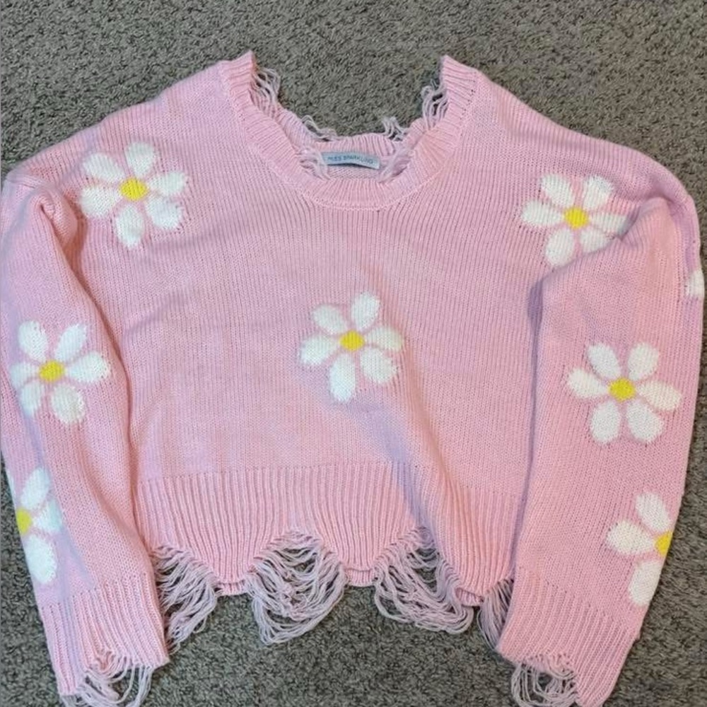 Pink Daisy Distressed Cropped Sweater